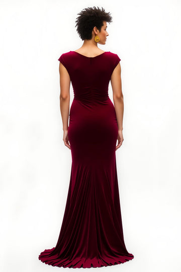 Burgundy Sheath Velvet Holiday Dress With Slit